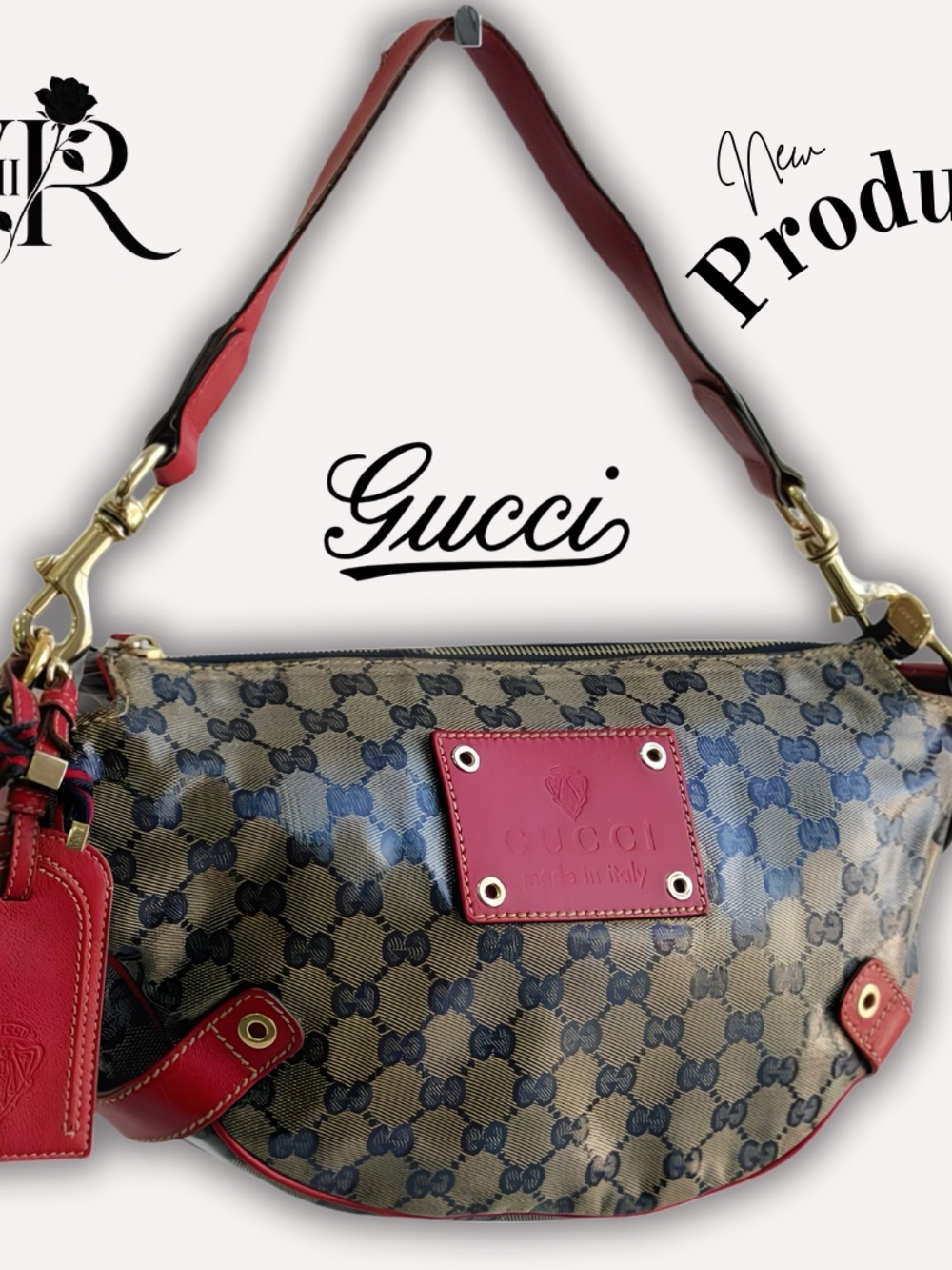 Gucci GG Red Trim Monogram Crescent Shoulder Bag w/Auth Certificate